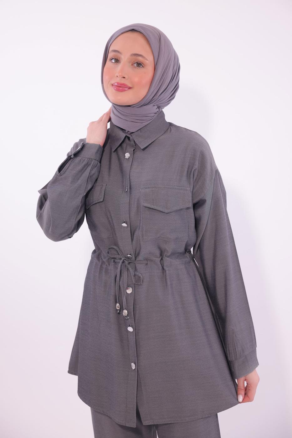 Tesettür giyim GRİ GÖMLEK YAKA PANTOLONLU TAKIM T 6574