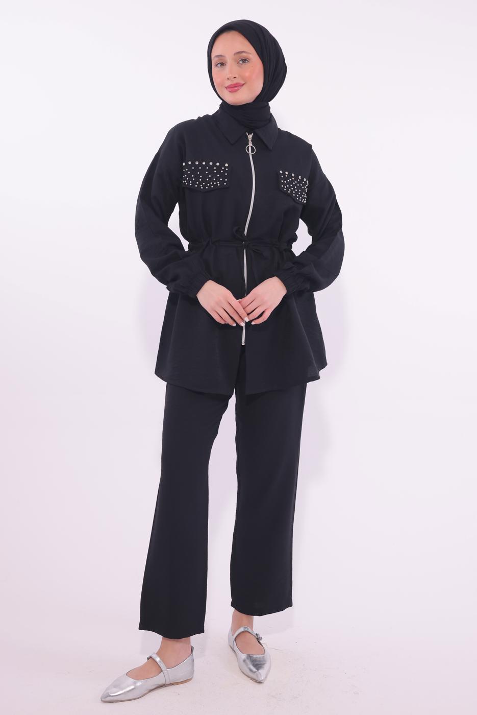 Tesettür giyim SİYAH TAŞLI PANTOLONLU TAKIM T 6674
