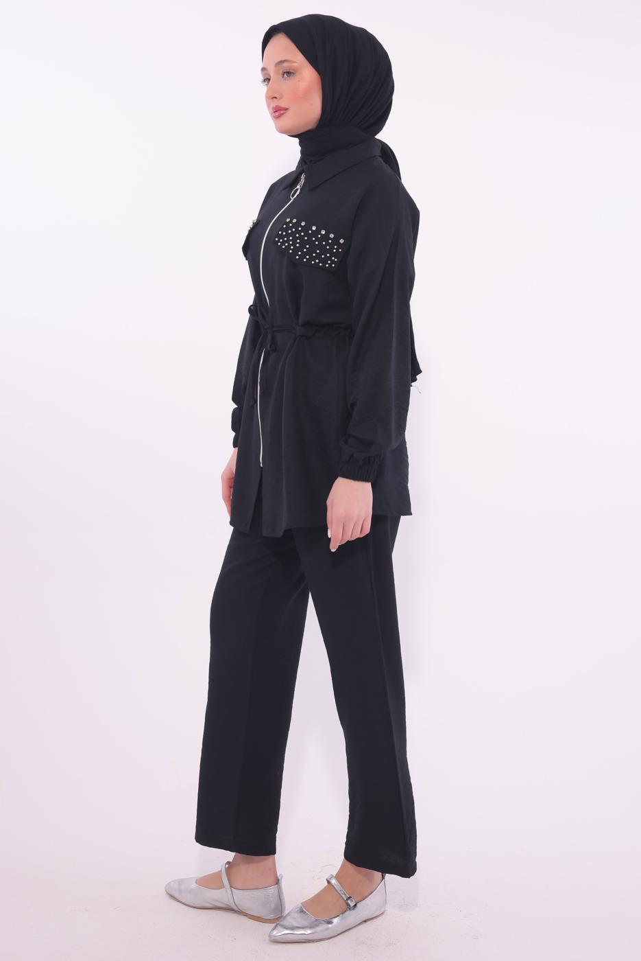 Tesettür giyim SİYAH TAŞLI PANTOLONLU TAKIM T 6674