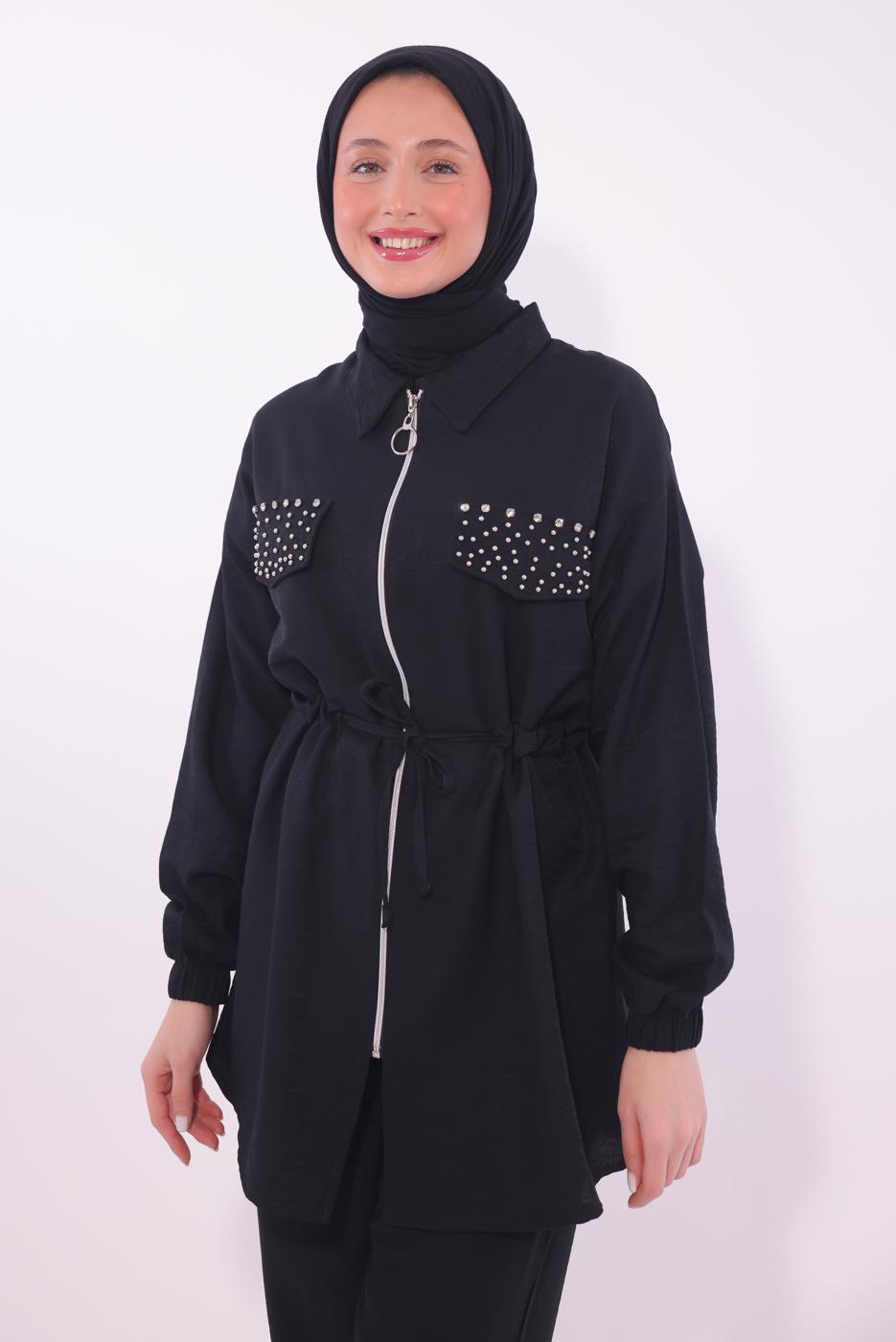 Tesettür giyim SİYAH TAŞLI PANTOLONLU TAKIM T 6674