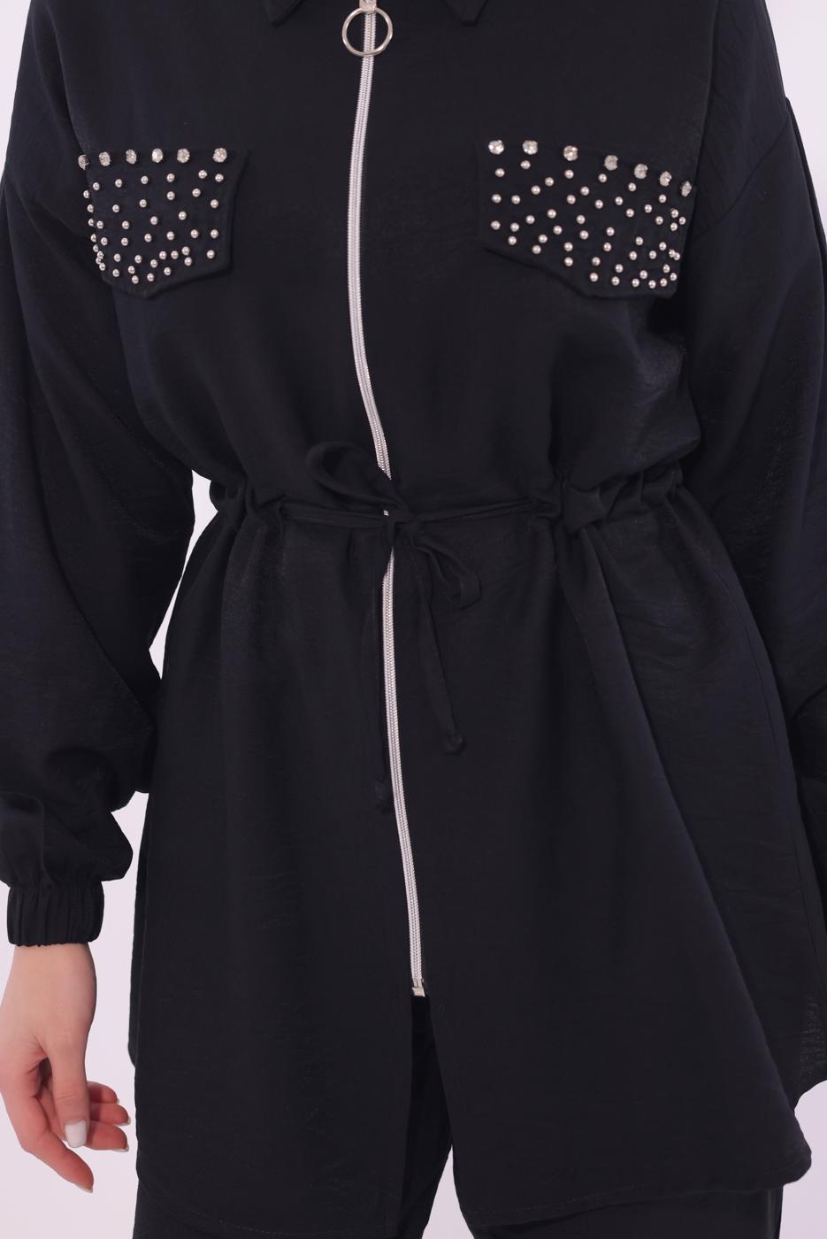 Tesettür giyim SİYAH TAŞLI PANTOLONLU TAKIM T 6674