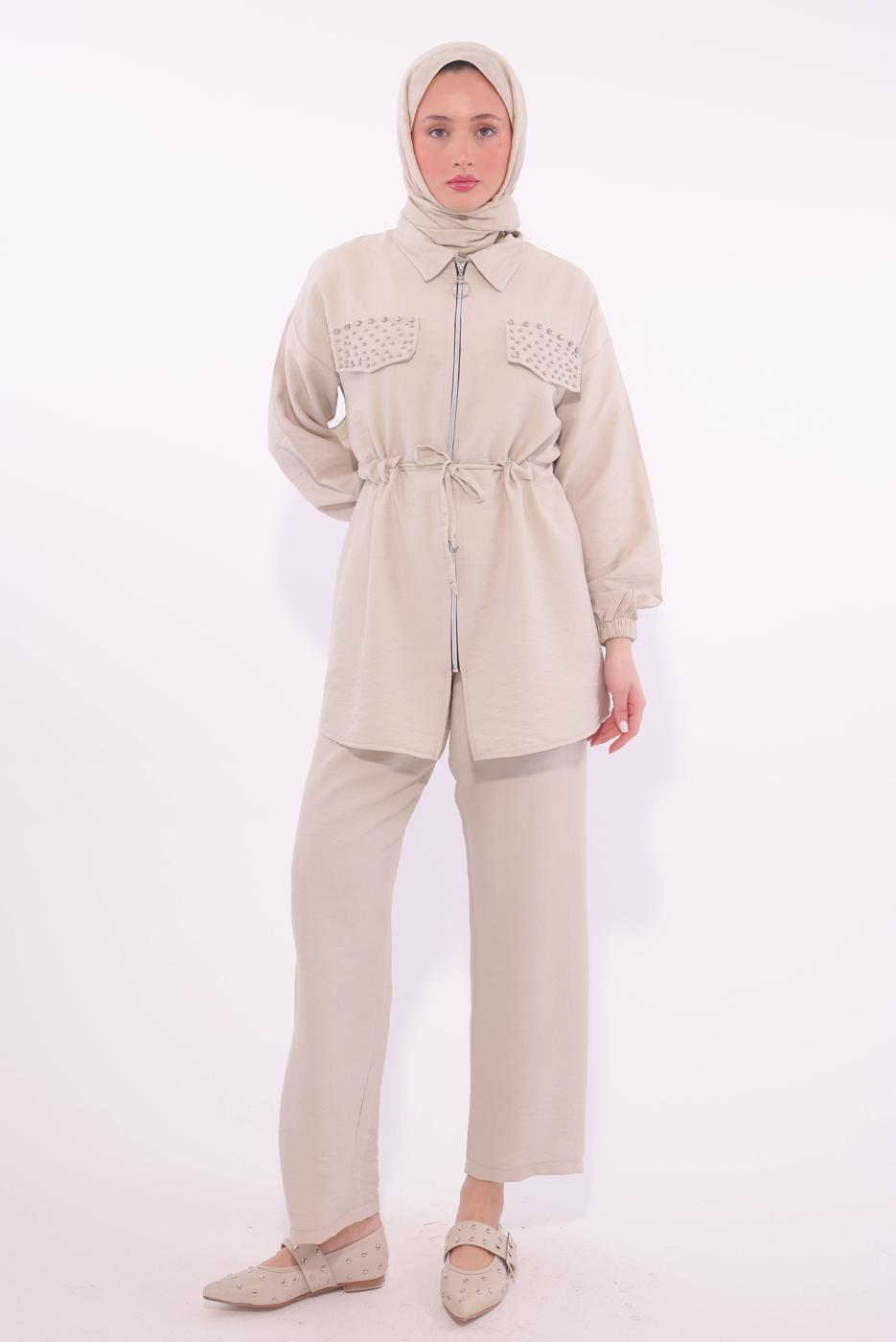 Tesettür giyim BEJ TAŞLI PANTOLONLU TAKIM T 6674