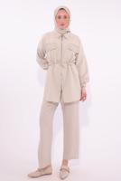 Tesettür giyim BEJ TAŞLI PANTOLONLU TAKIM T 6674
