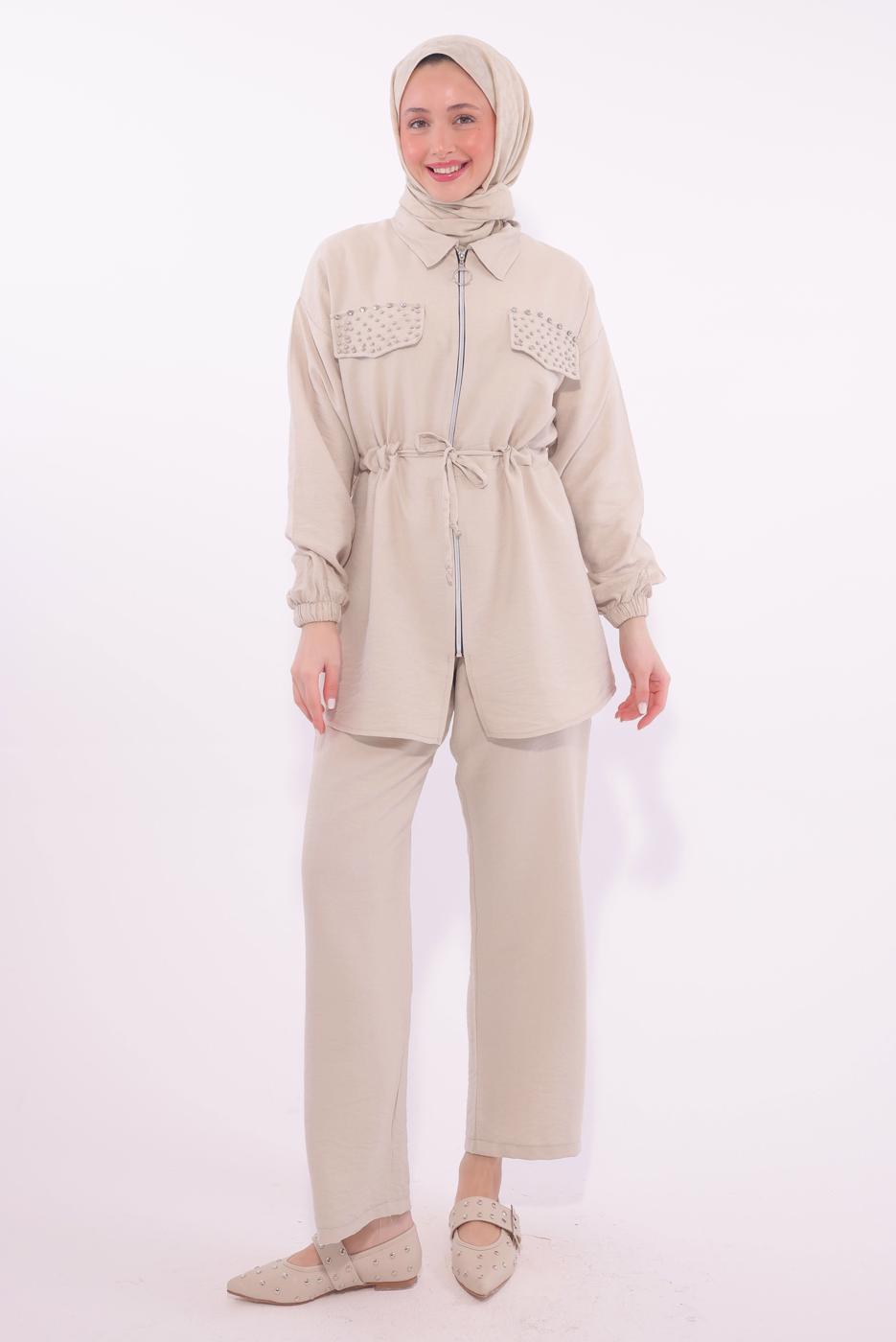 Tesettür giyim BEJ TAŞLI PANTOLONLU TAKIM T 6674