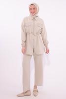 Tesettür giyim BEJ TAŞLI PANTOLONLU TAKIM T 6674