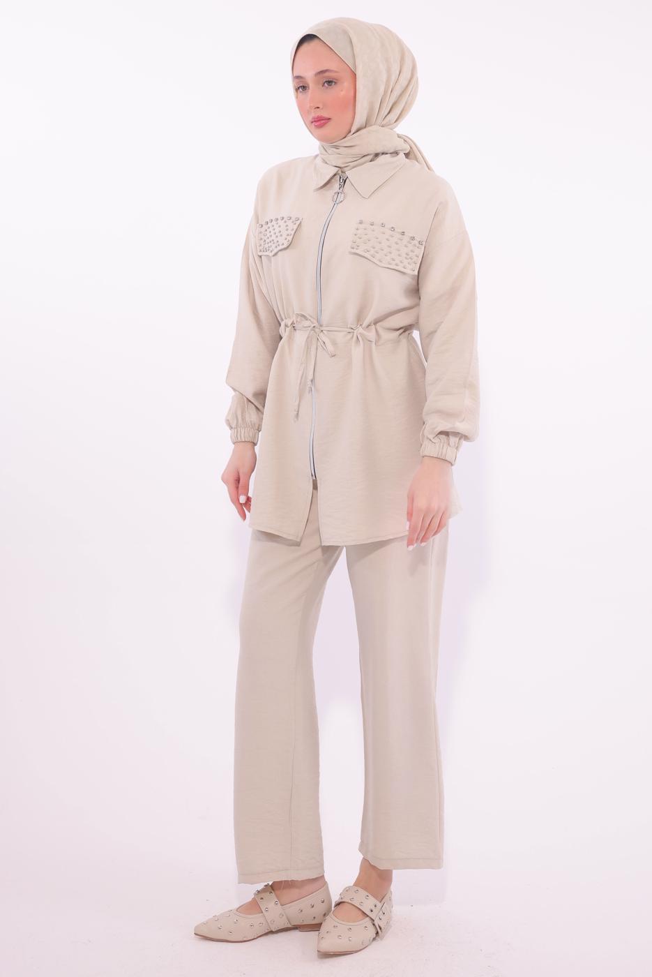 Tesettür giyim BEJ TAŞLI PANTOLONLU TAKIM T 6674