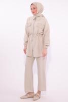 Tesettür giyim BEJ TAŞLI PANTOLONLU TAKIM T 6674