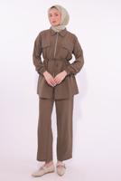 Tesettür giyim KAHVE TAŞLI PANTOLONLU TAKIM T 6674
