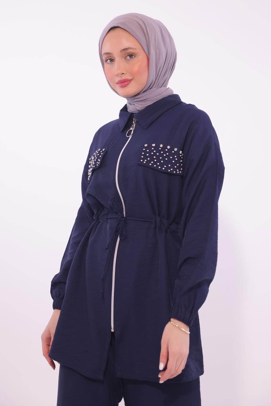 Tesettür giyim LACİVERT TAŞLI PANTOLONLU TAKIM T 6674