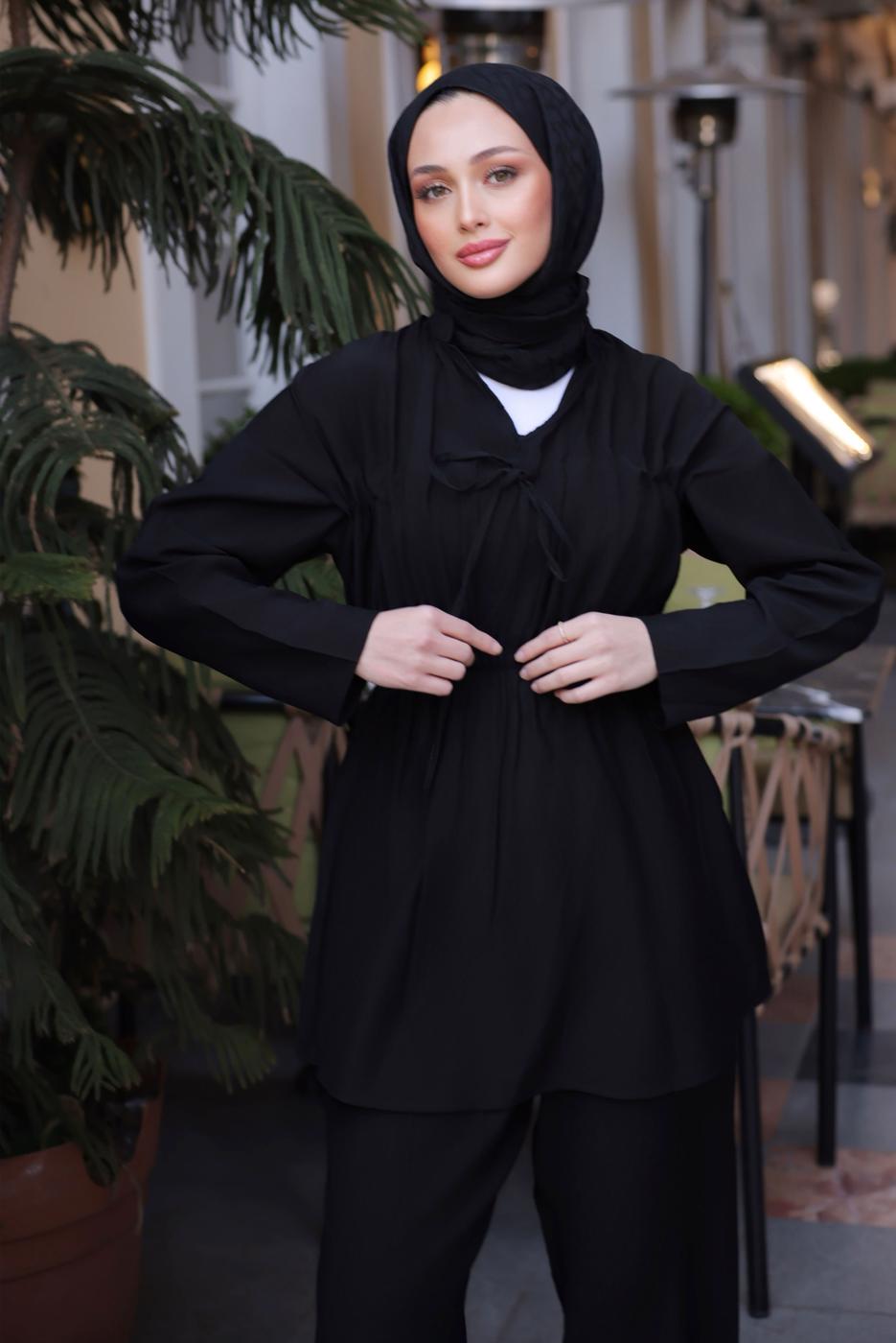 Hijab clothing BLACK ELASTIC WAIST PANTS SUIT T 6984