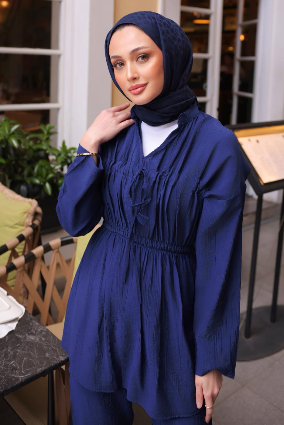 Hijab clothing NAVY BLUE ELASTIC WAIST PANTS SUIT T 6984