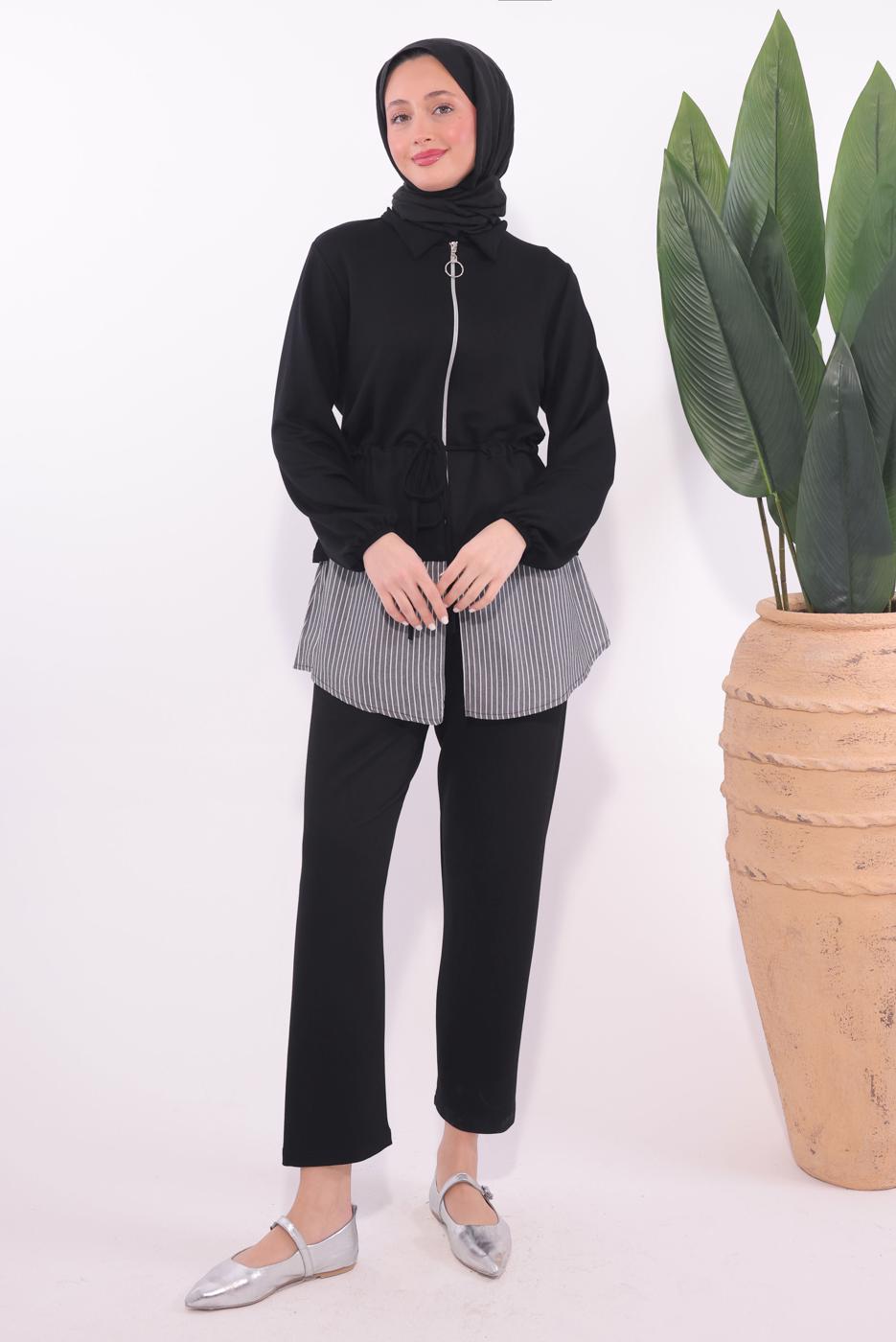 Tesettür giyim SİYAH ÇİZGİLİ PANTOLONLU TAKIM T 7074