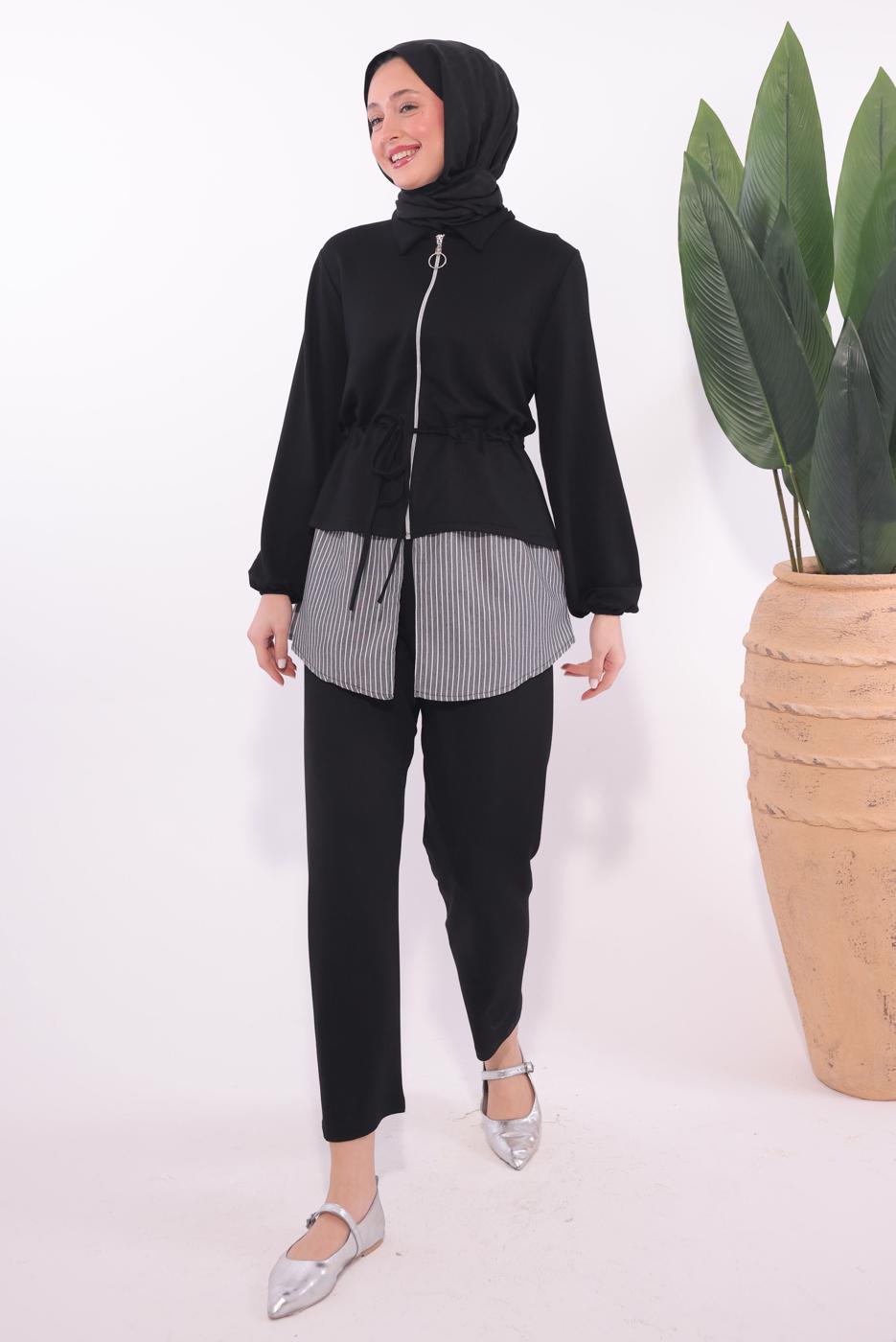 Tesettür giyim SİYAH ÇİZGİLİ PANTOLONLU TAKIM T 7074