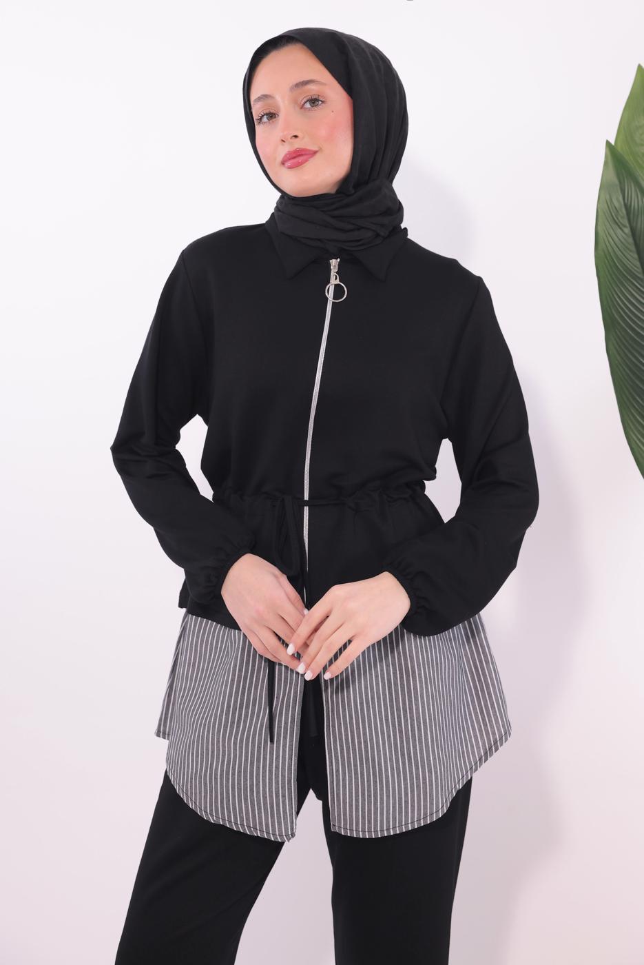 Tesettür giyim SİYAH ÇİZGİLİ PANTOLONLU TAKIM T 7074