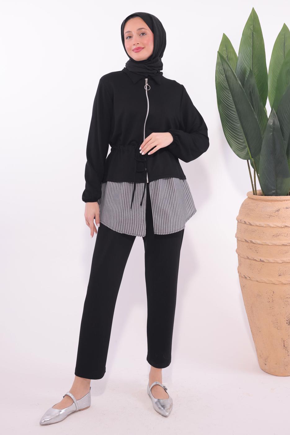 Tesettür giyim SİYAH ÇİZGİLİ PANTOLONLU TAKIM T 7074