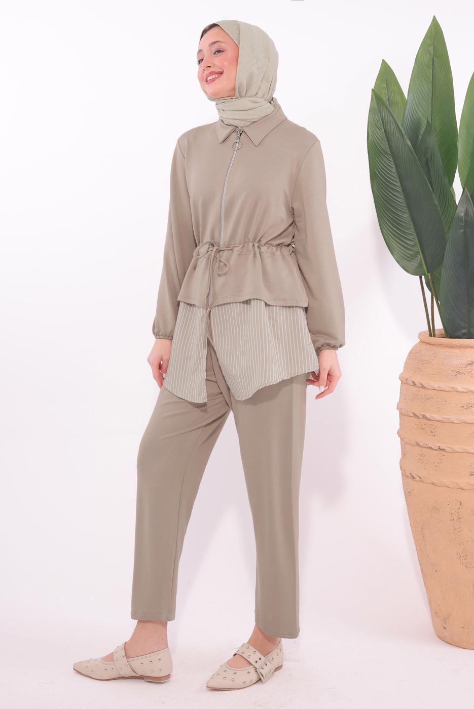 Tesettür giyim KAHVE ÇİZGİLİ PANTOLONLU TAKIM T 7074