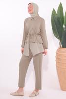 Tesettür giyim KAHVE ÇİZGİLİ PANTOLONLU TAKIM T 7074