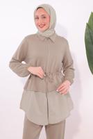 Tesettür giyim KAHVE ÇİZGİLİ PANTOLONLU TAKIM T 7074