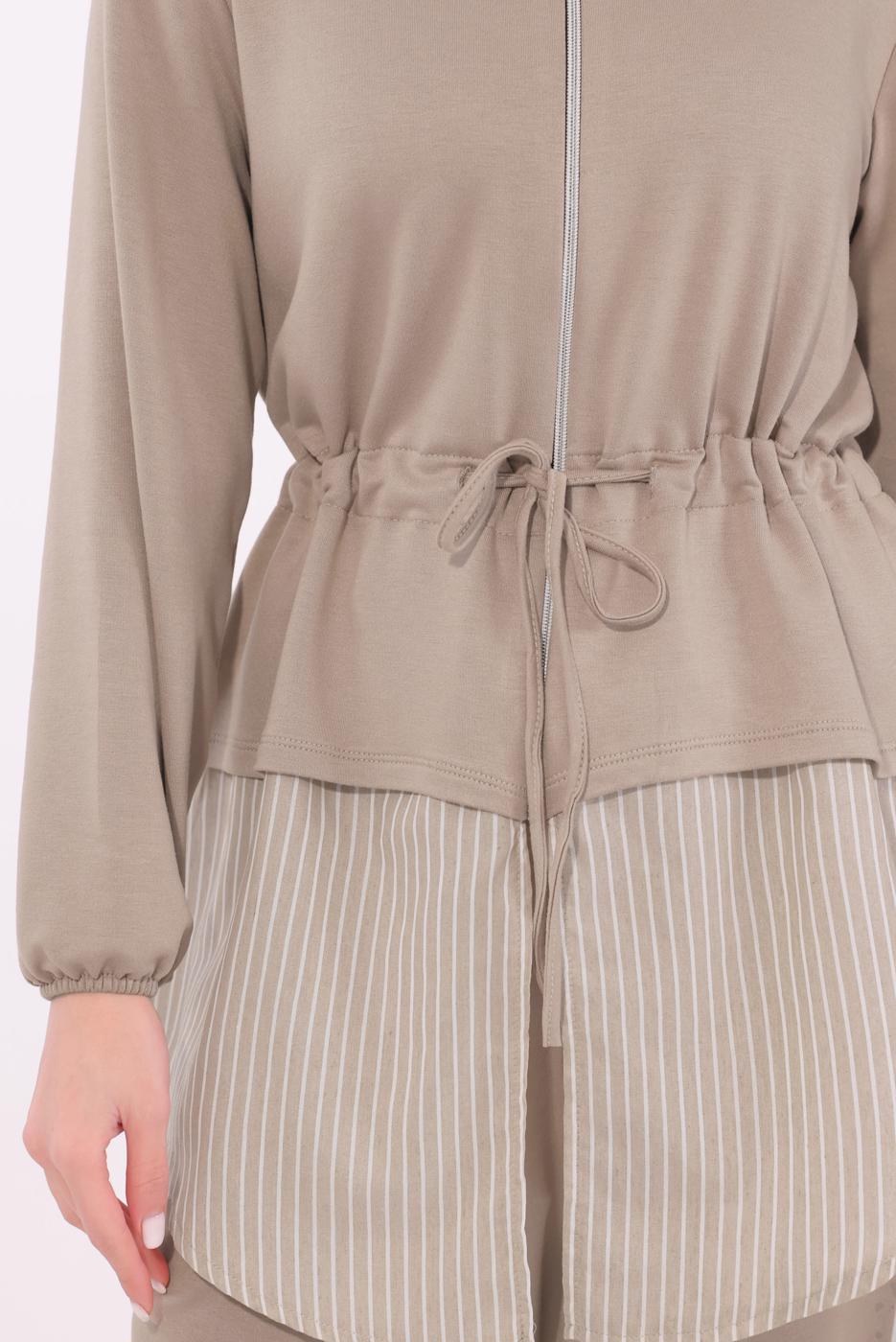 Tesettür giyim KAHVE ÇİZGİLİ PANTOLONLU TAKIM T 7074