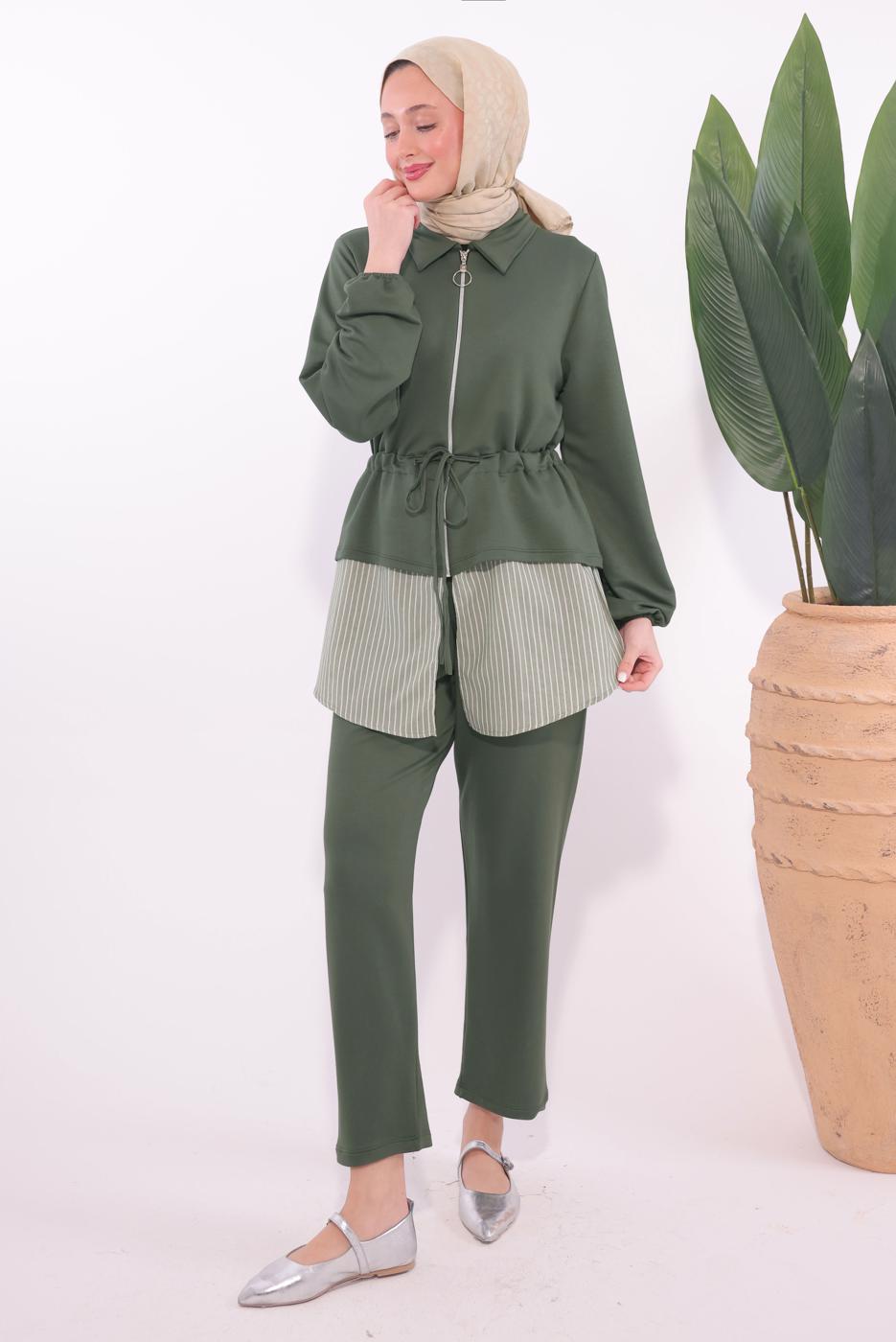 Tesettür giyim HAKİ ÇİZGİLİ PANTOLONLU TAKIM T 7074