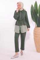 Tesettür giyim HAKİ ÇİZGİLİ PANTOLONLU TAKIM T 7074