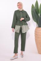 Tesettür giyim HAKİ ÇİZGİLİ PANTOLONLU TAKIM T 7074