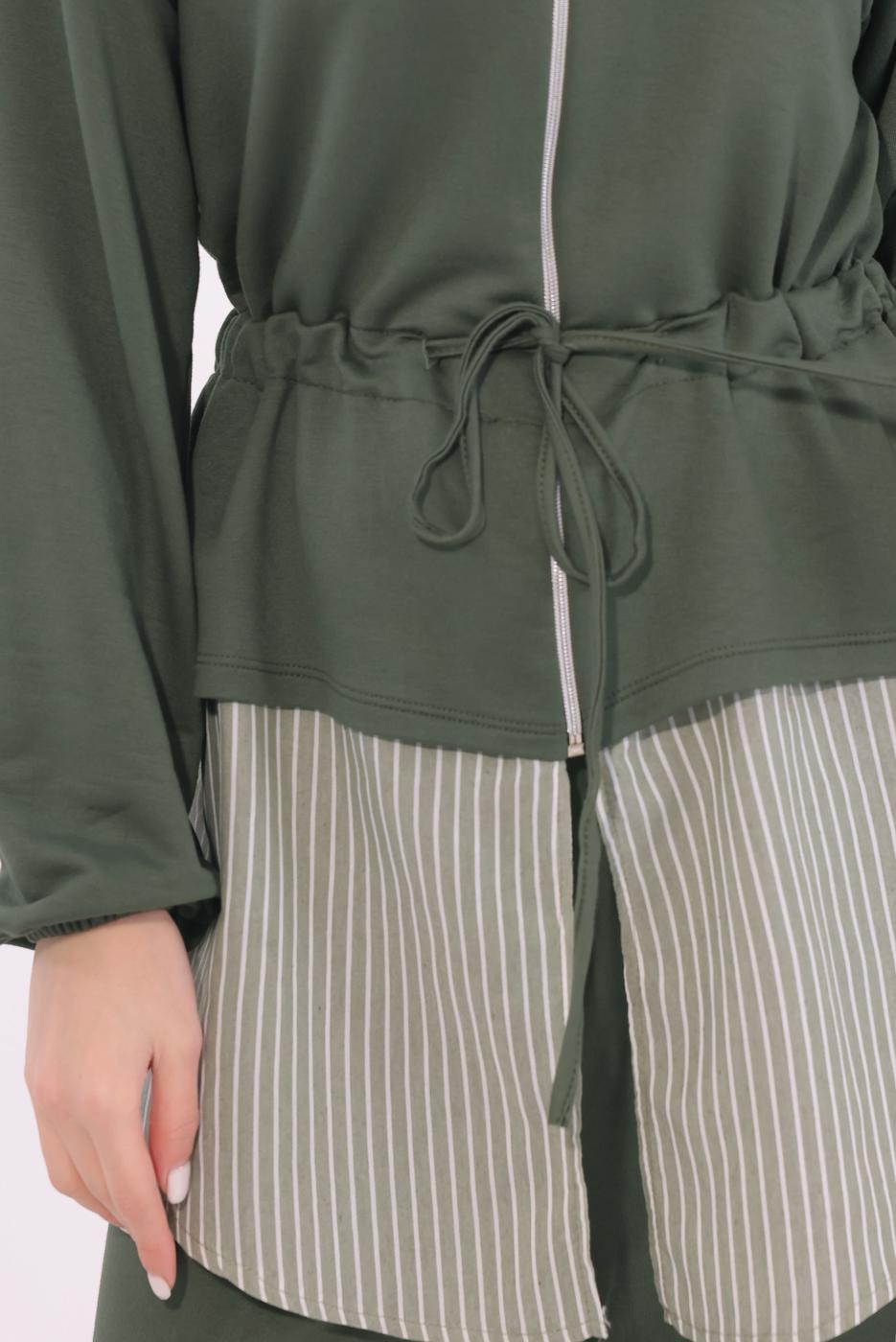 Tesettür giyim HAKİ ÇİZGİLİ PANTOLONLU TAKIM T 7074