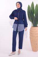 Tesettür giyim LACİVERT ÇİZGİLİ PANTOLONLU TAKIM T 7074