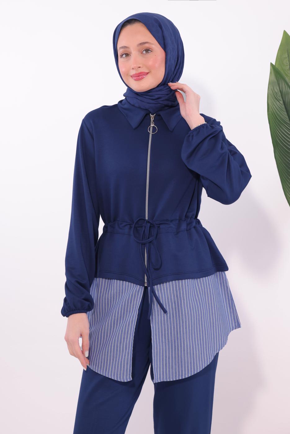 Tesettür giyim LACİVERT ÇİZGİLİ PANTOLONLU TAKIM T 7074