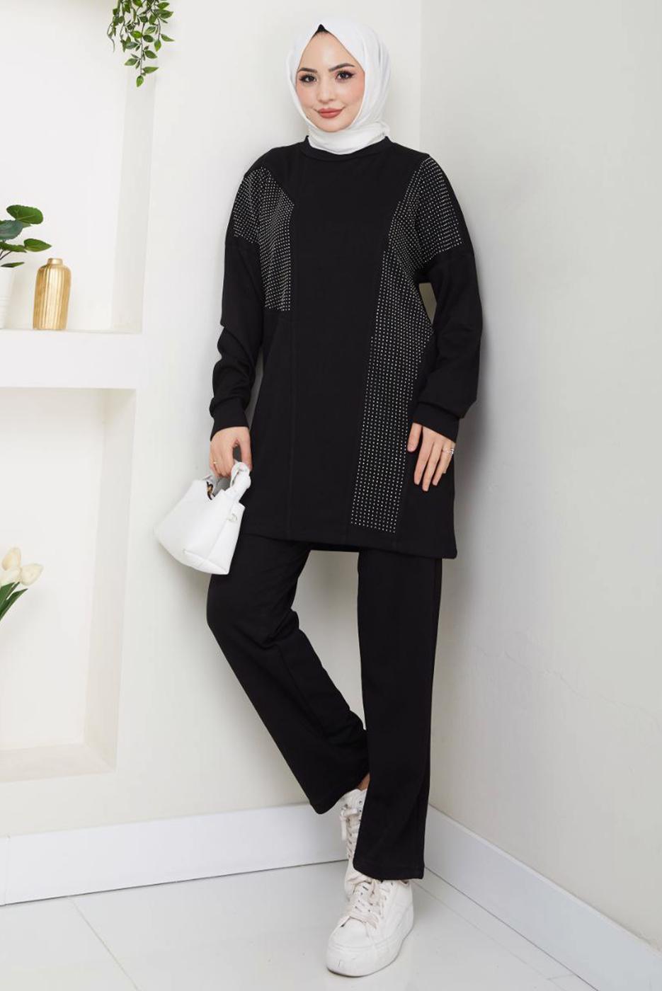 Vêtements hijab NOIR COSTUME PANTALON DÉTAILLÉ GEM T 7075