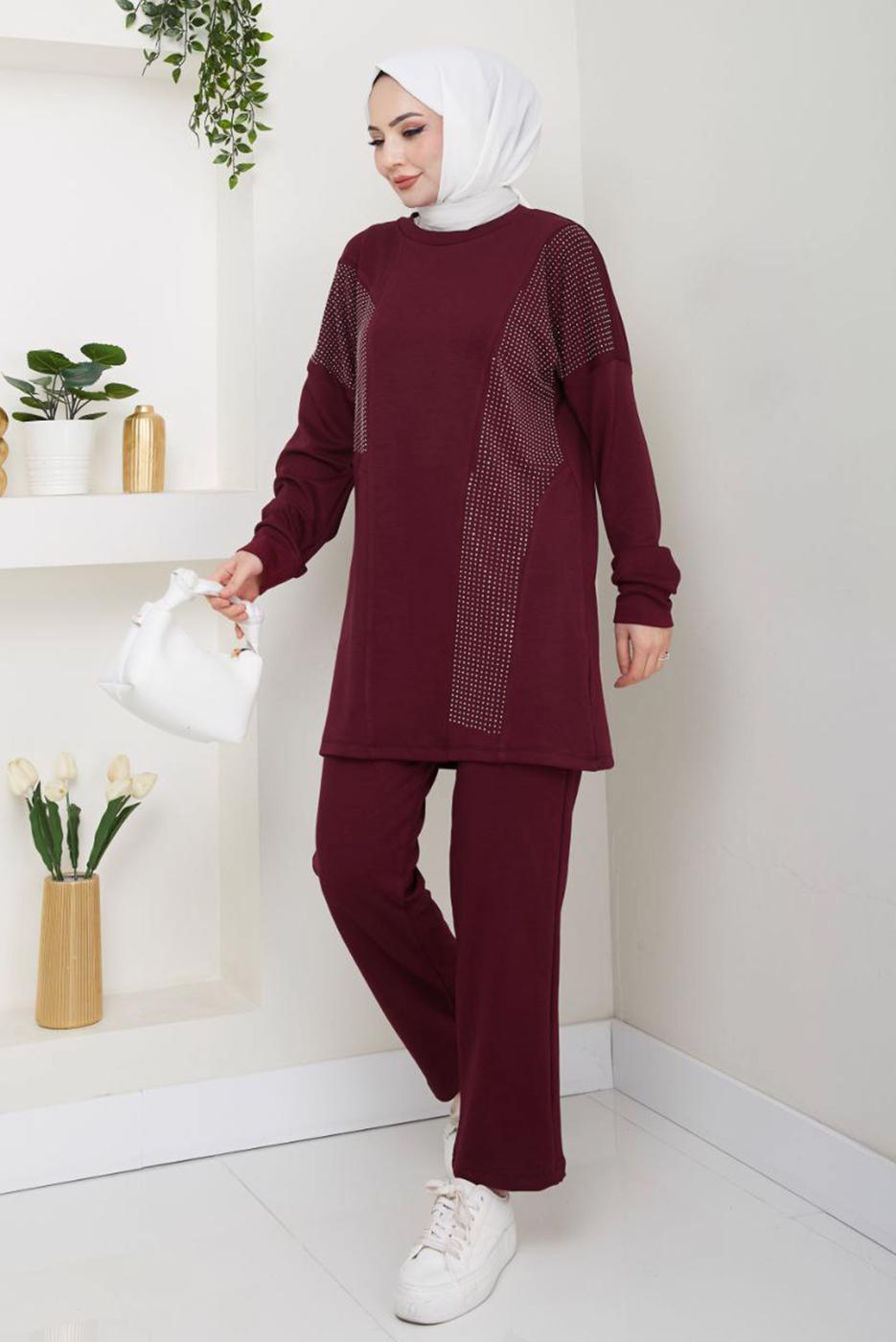 Tesettür giyim BORDO PANTOLONLU ÖRME TAKIM T 7075