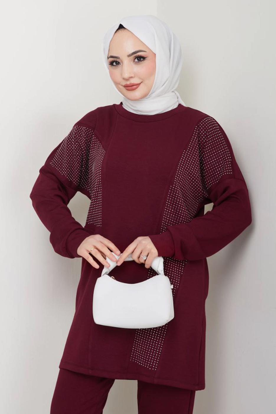 Tesettür giyim BORDO PANTOLONLU ÖRME TAKIM T 7075
