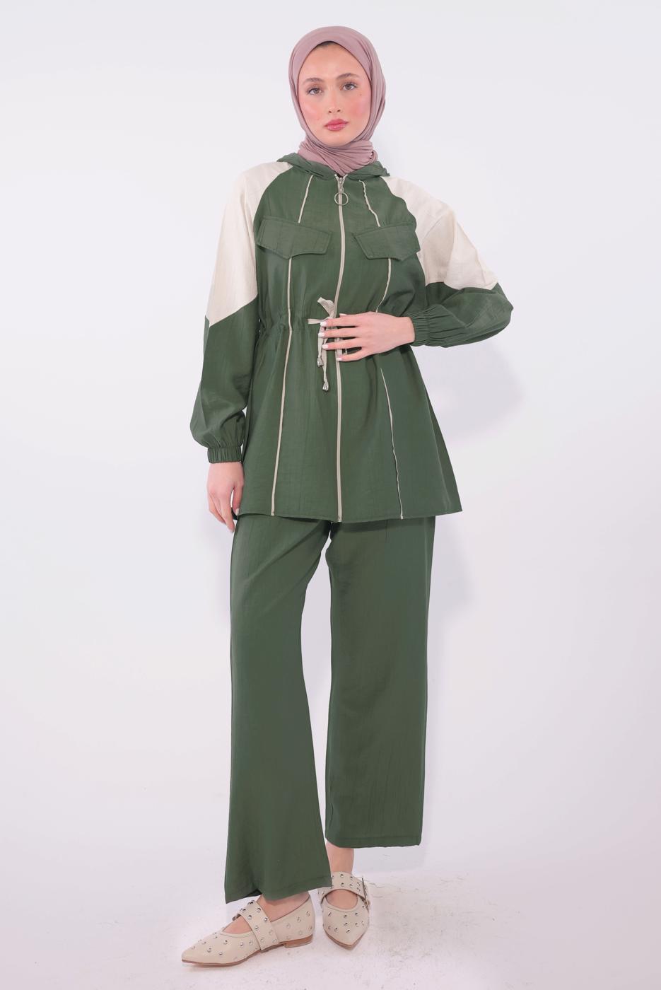 Tesettür giyim YEŞİL İKİ RENKLİ PANTOLONLU TAKIM T 7374