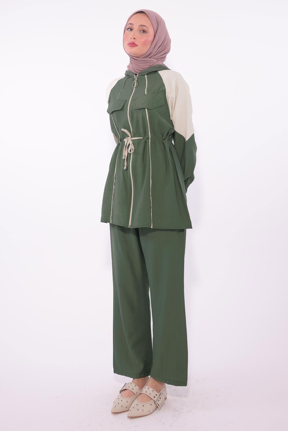 Tesettür giyim YEŞİL İKİ RENKLİ PANTOLONLU TAKIM T 7374