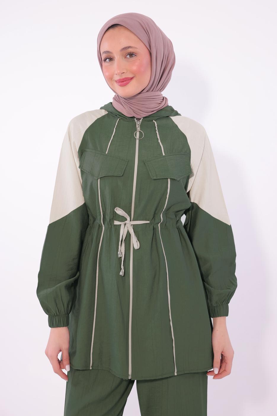 Tesettür giyim YEŞİL İKİ RENKLİ PANTOLONLU TAKIM T 7374