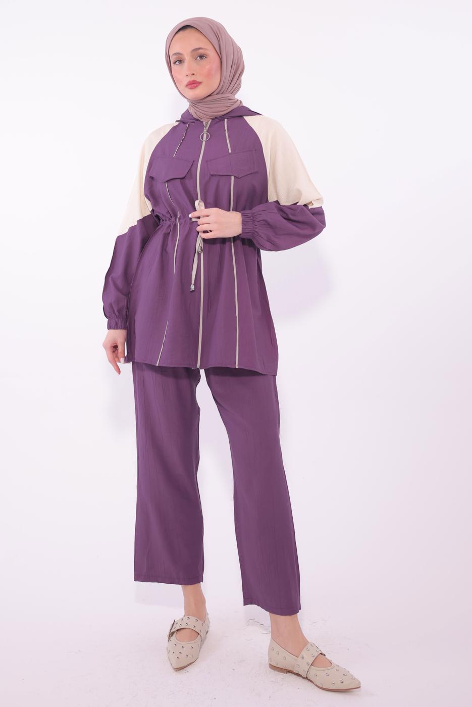 Tesettür giyim MOR İKİ RENKLİ PANTOLONLU TAKIM T 7374