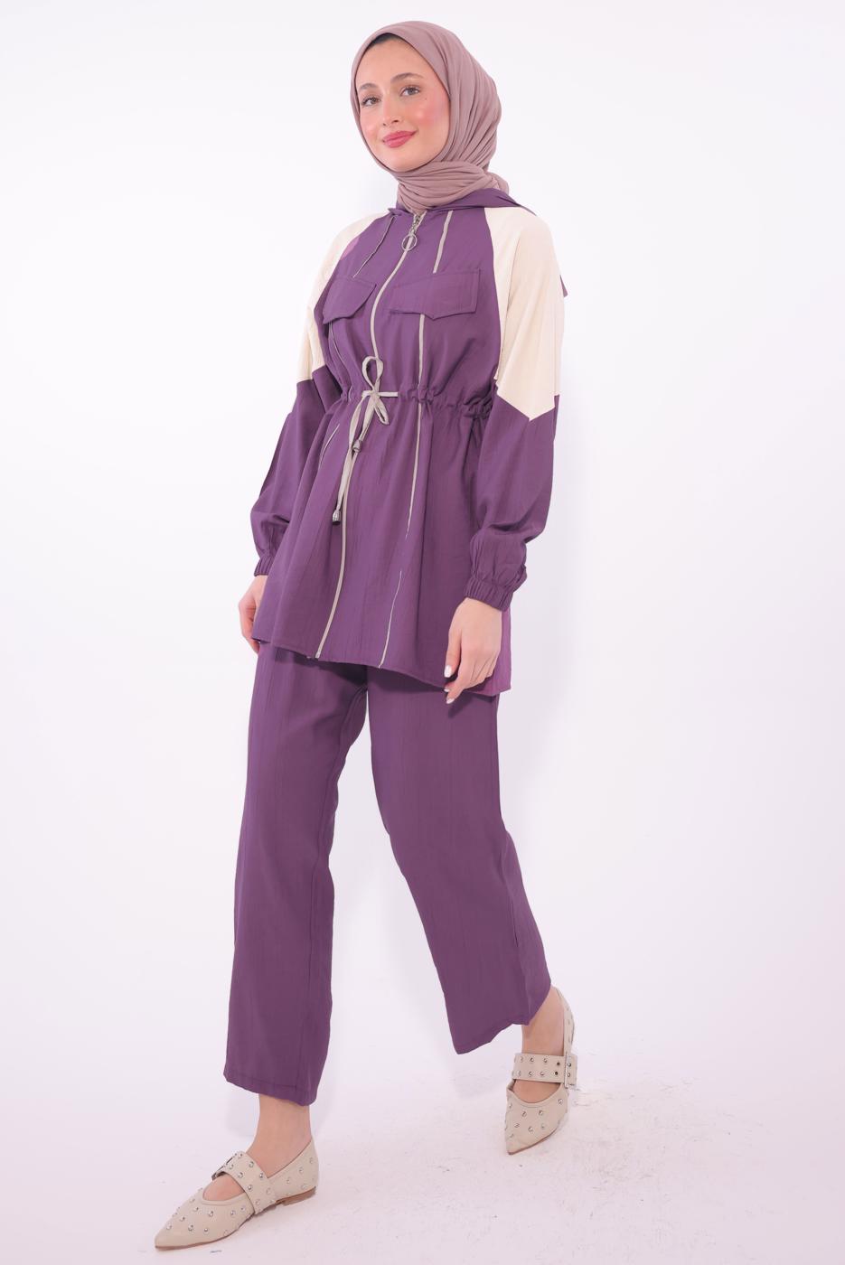 Tesettür giyim MOR İKİ RENKLİ PANTOLONLU TAKIM T 7374