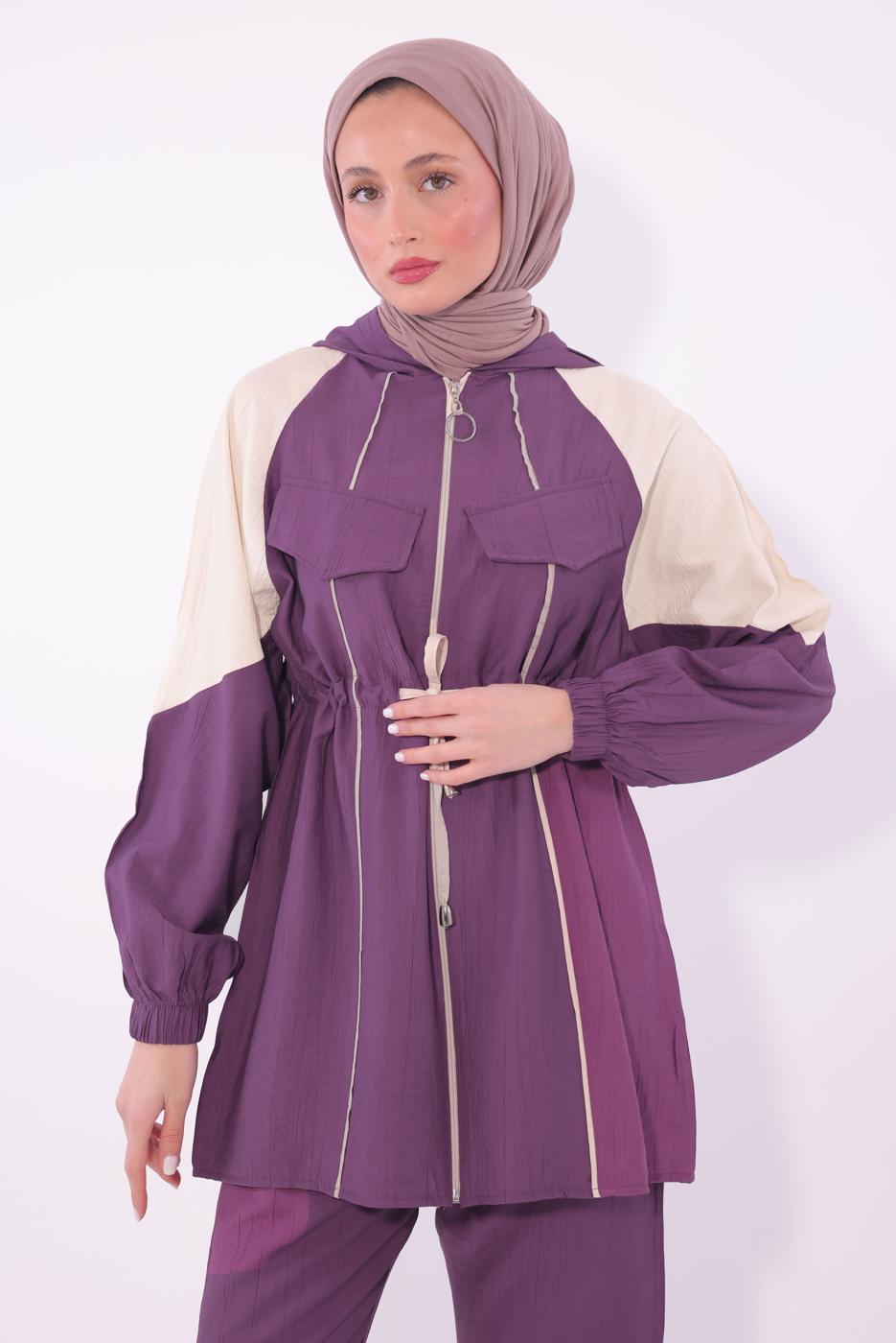 Tesettür giyim MOR İKİ RENKLİ PANTOLONLU TAKIM T 7374