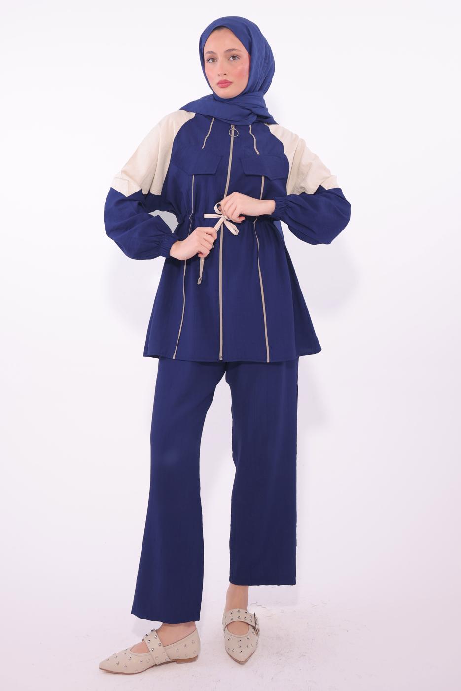 Tesettür giyim LACİVERT İKİ RENKLİ PANTOLONLU TAKIM T 7374