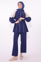 Tesettür giyim LACİVERT İKİ RENKLİ PANTOLONLU TAKIM T 7374