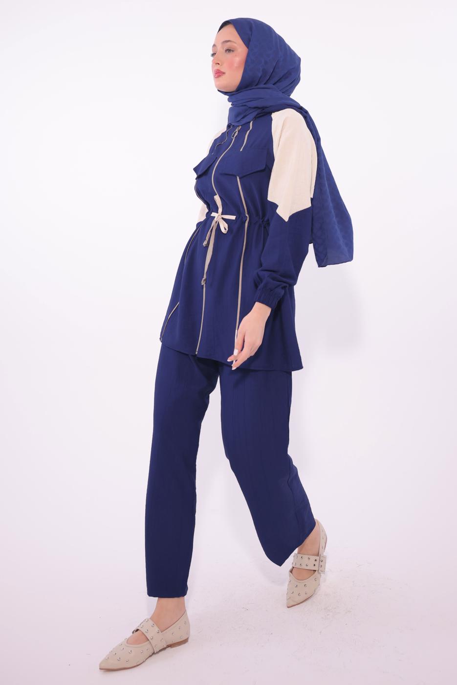 Tesettür giyim LACİVERT İKİ RENKLİ PANTOLONLU TAKIM T 7374