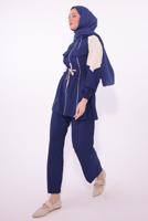 Tesettür giyim LACİVERT İKİ RENKLİ PANTOLONLU TAKIM T 7374