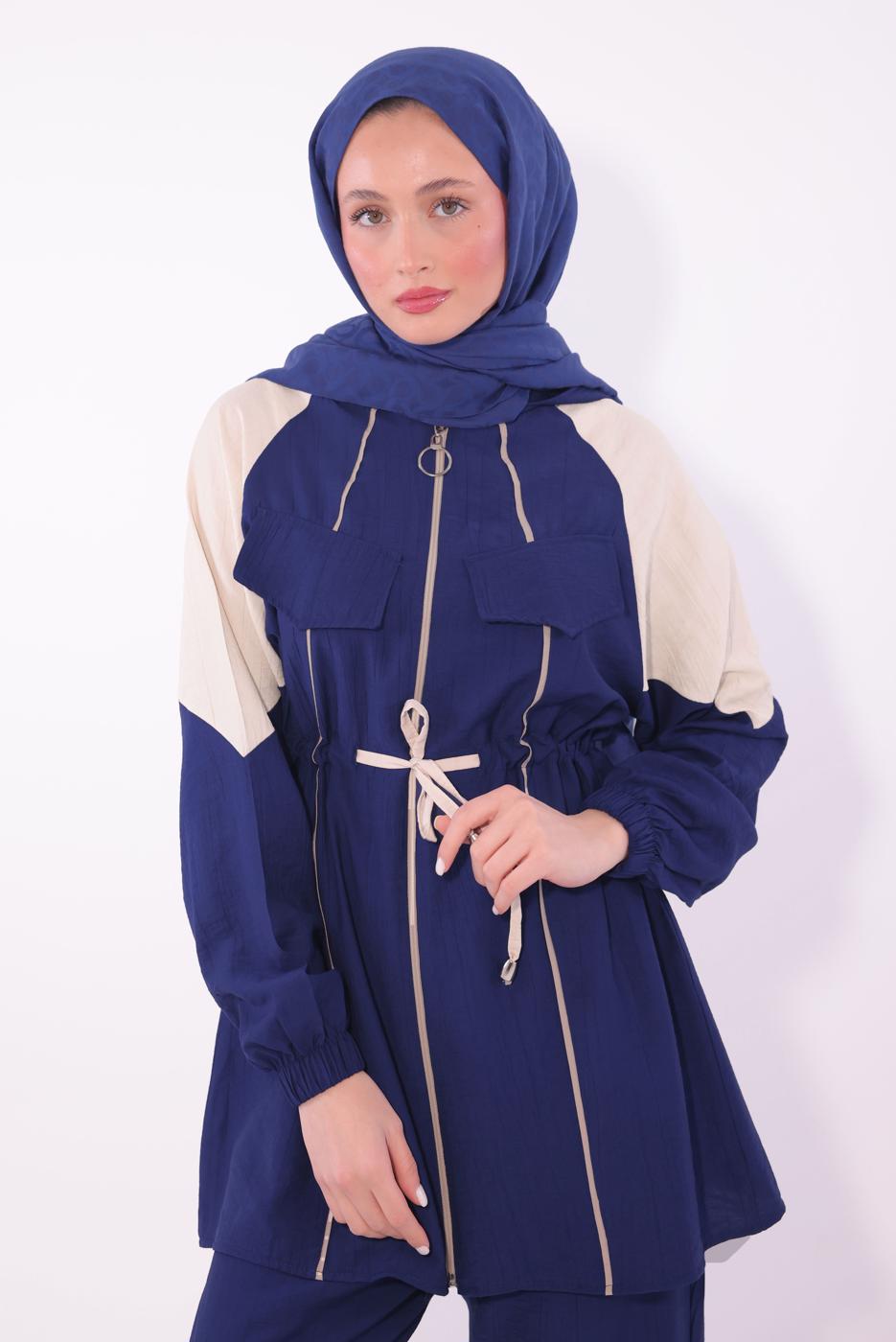 Tesettür giyim LACİVERT İKİ RENKLİ PANTOLONLU TAKIM T 7374