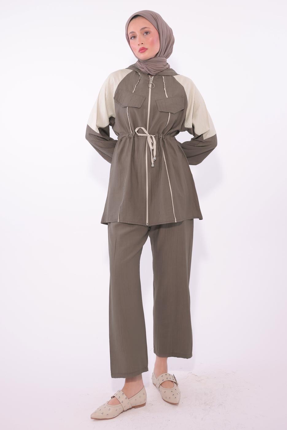 Tesettür giyim VİZON İKİ RENKLİ PANTOLONLU TAKIM T 7374