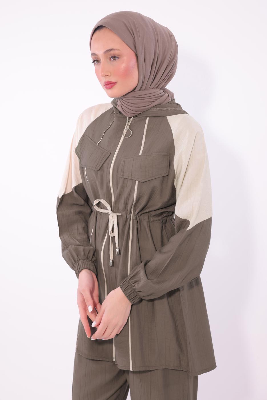 Tesettür giyim VİZON İKİ RENKLİ PANTOLONLU TAKIM T 7374