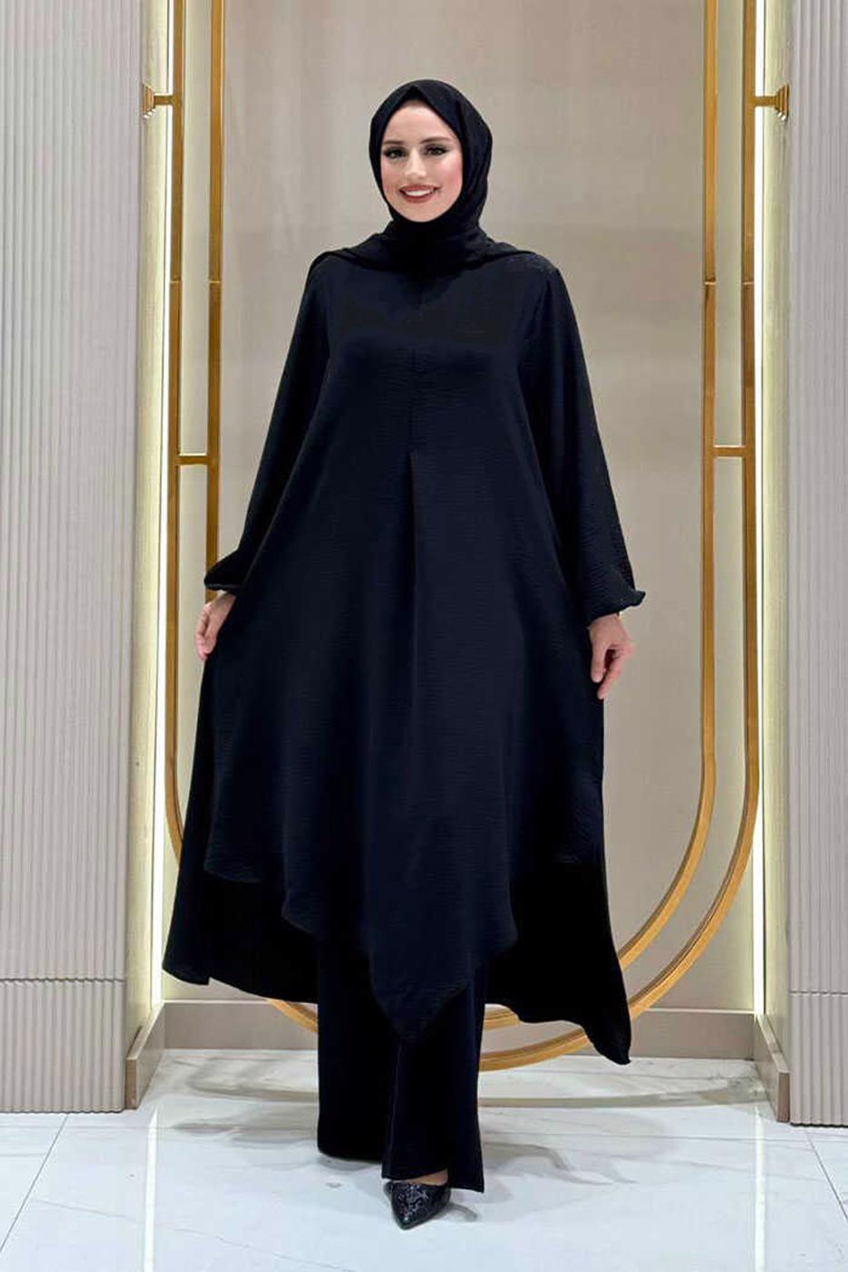 Tesettür giyim SİYAH ŞALLI PANTOLONLU TAKIM T 7393