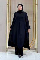 Tesettür giyim SİYAH ŞALLI PANTOLONLU TAKIM T 7393