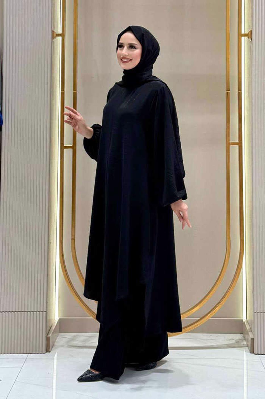 Tesettür giyim SİYAH ŞALLI PANTOLONLU TAKIM T 7393