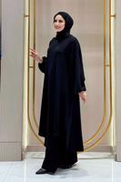 Tesettür giyim SİYAH ŞALLI PANTOLONLU TAKIM T 7393