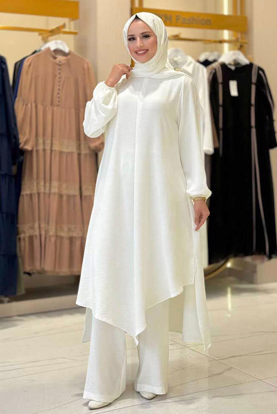 Tesettür giyim EKRU ŞALLI PANTOLONLU TAKIM T 7393